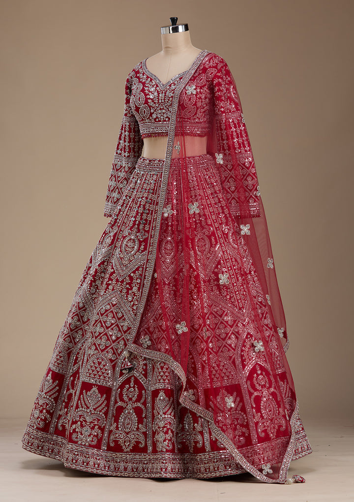Red Silver Zariwork Raw Silk Readymade Lehenga