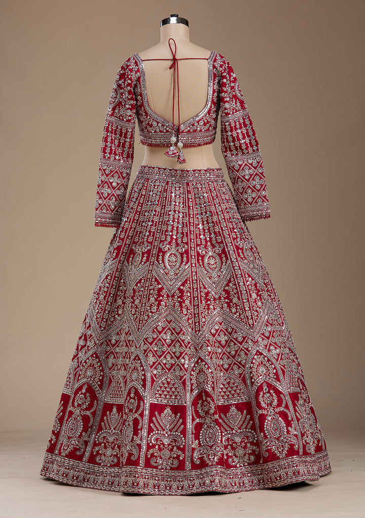 Red Silver Zariwork Raw Silk Readymade Lehenga