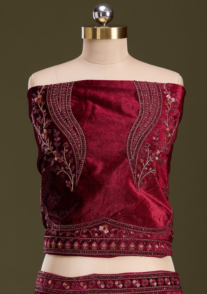 Maroon Zariwork Velvet Semi-Stitched Lehenga