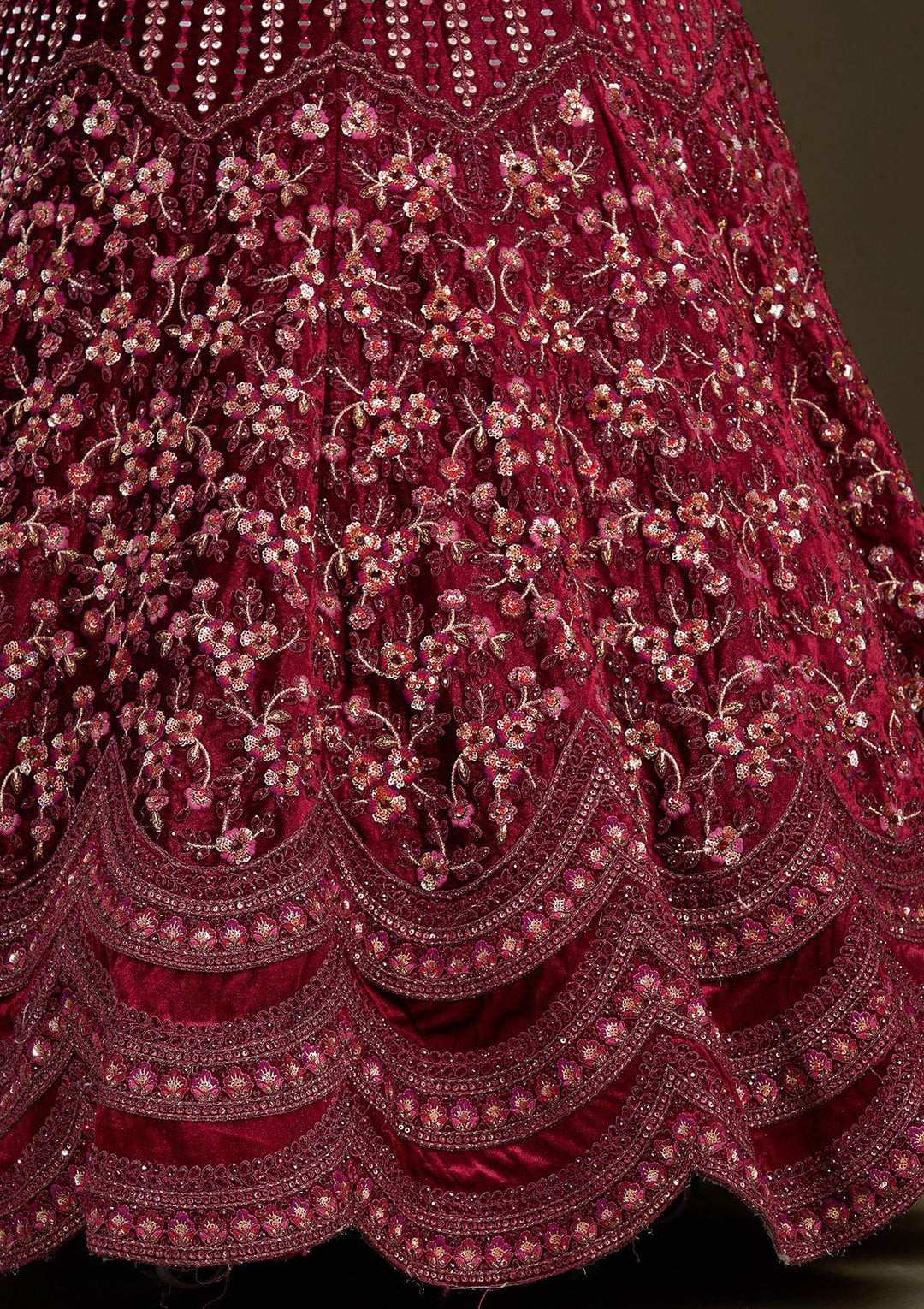 Maroon Zariwork Velvet Semi-Stitched Lehenga