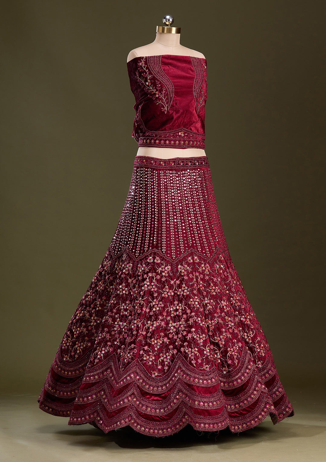 Maroon Zariwork Velvet Semi-Stitched Lehenga