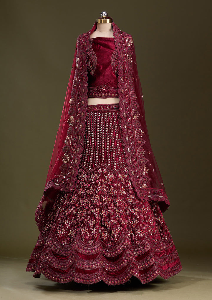 Maroon Zariwork Velvet Semi-Stitched Lehenga