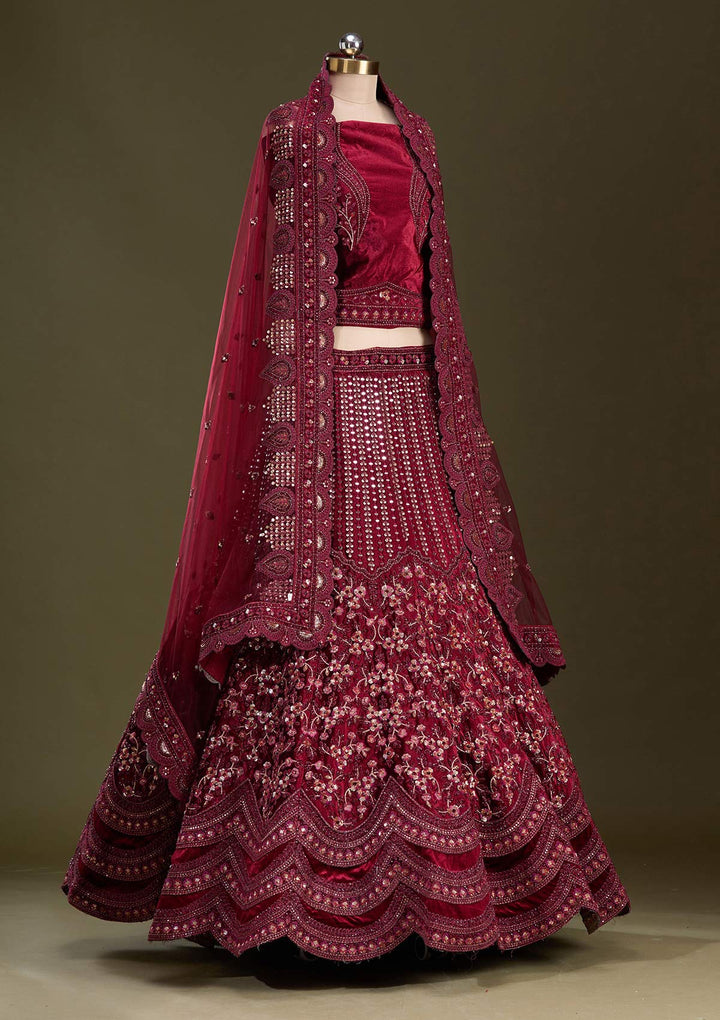 Maroon Zariwork Velvet Semi-Stitched Lehenga