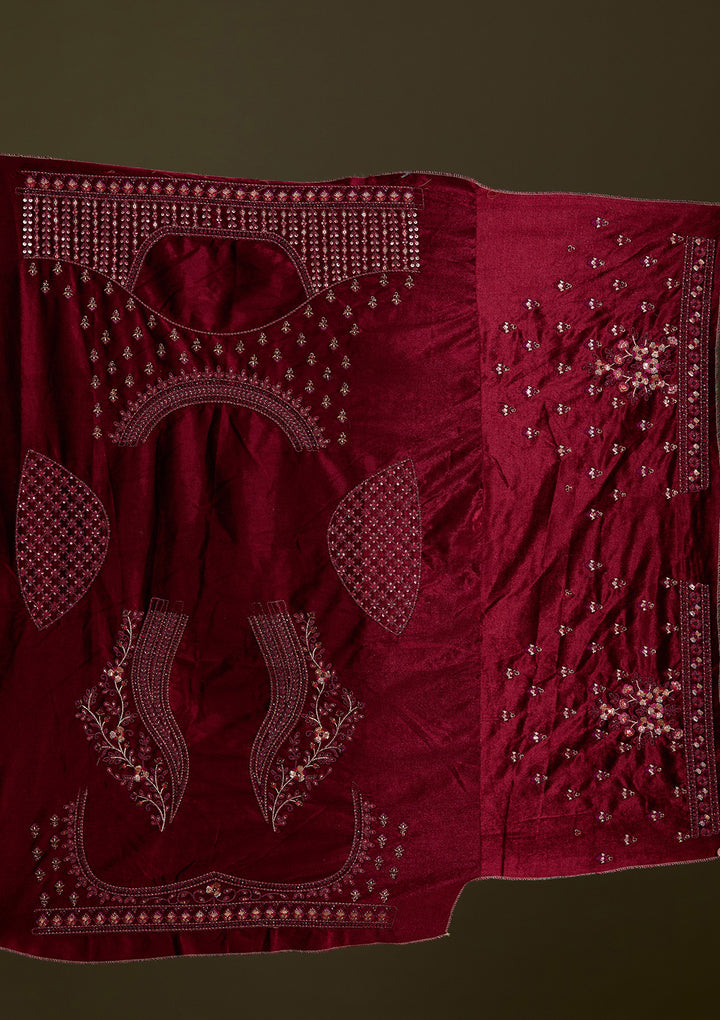 Maroon Zariwork Velvet Semi-Stitched Lehenga