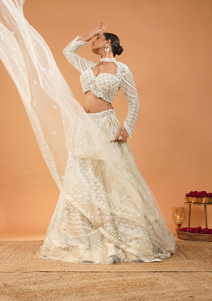 Cream Pearlwork Net Readymade Lehenga