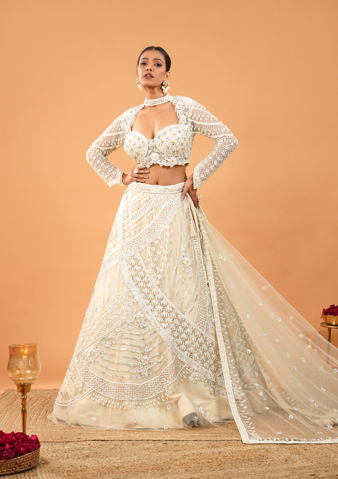 Cream Pearlwork Net Readymade Lehenga