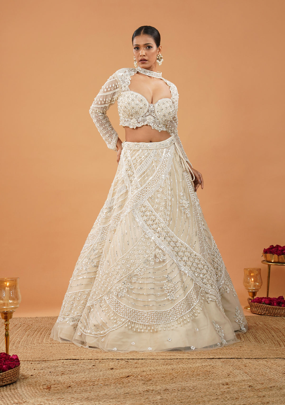 Cream Pearlwork Net Readymade Lehenga