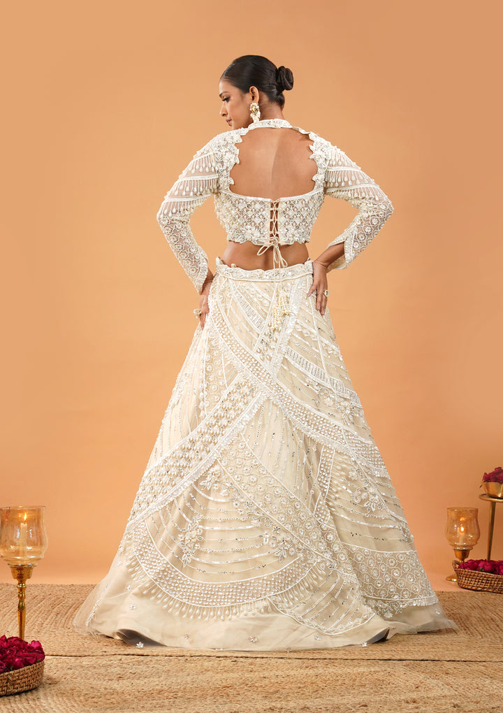 Cream Pearlwork Net Readymade Lehenga
