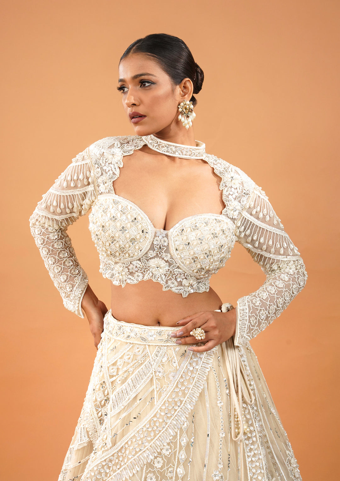 Cream Pearlwork Net Readymade Lehenga