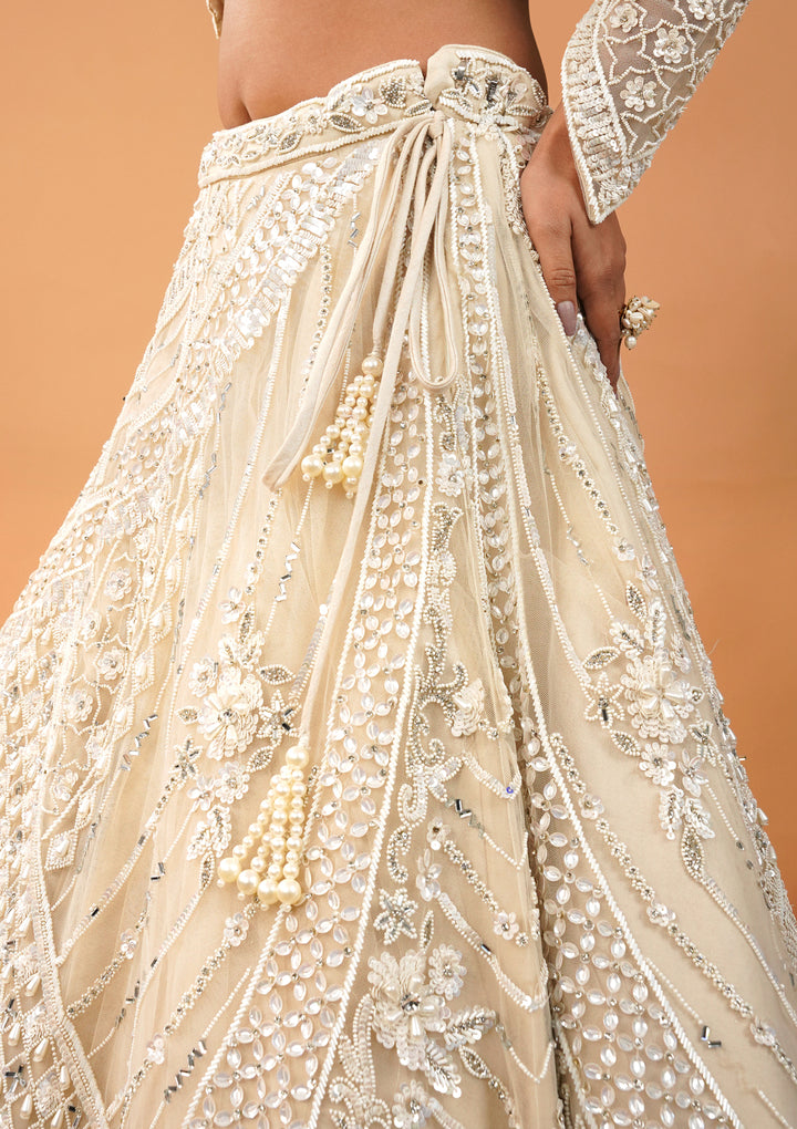 Cream Pearlwork Net Readymade Lehenga