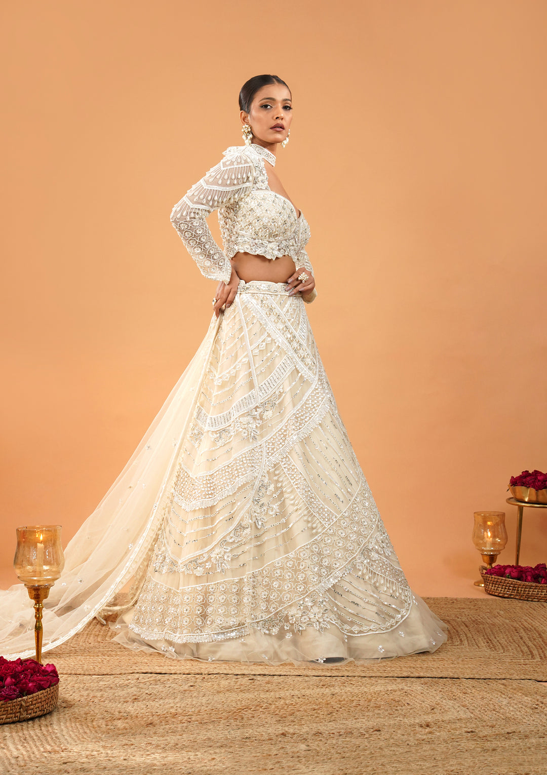 Cream Pearlwork Net Readymade Lehenga