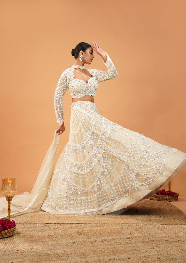 Cream Pearlwork Net Readymade Lehenga