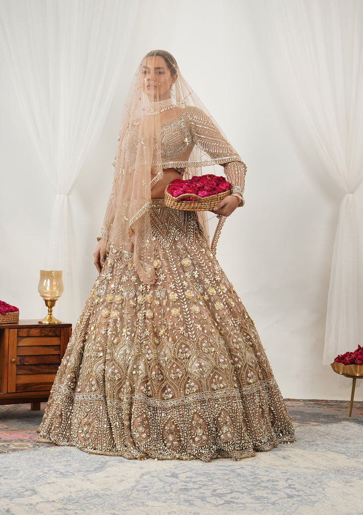 Gold Pearlwork Net Readymade Lehenga