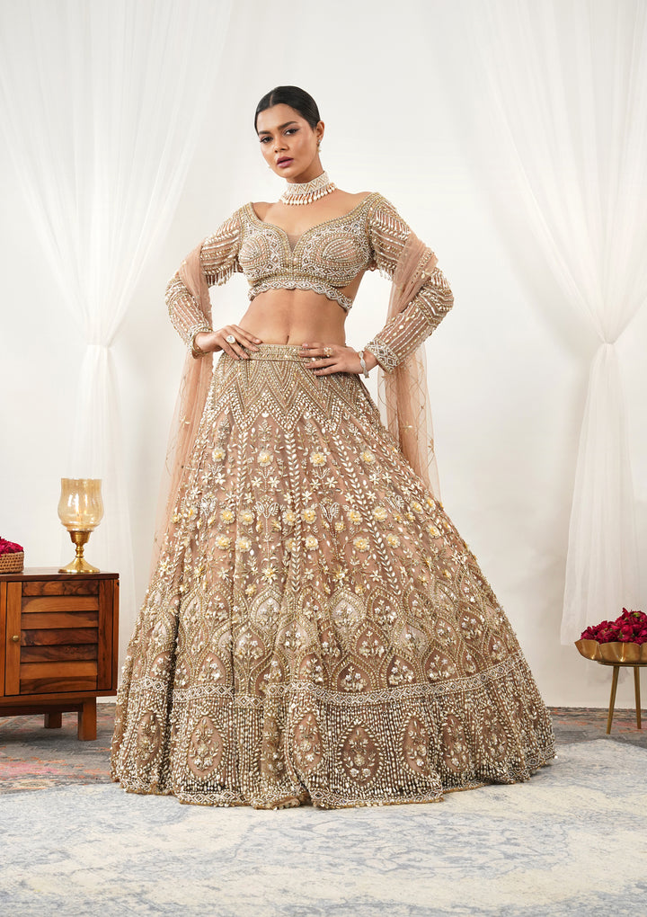 Gold Pearlwork Net Readymade Lehenga