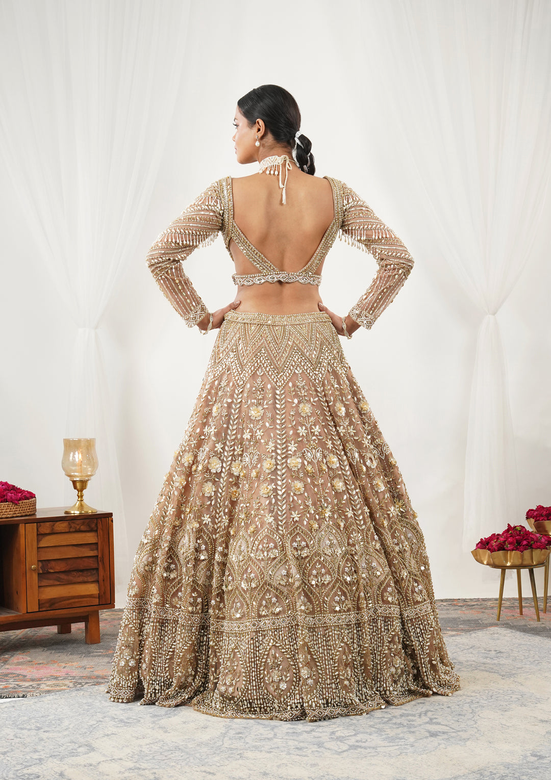 Gold Pearlwork Net Readymade Lehenga