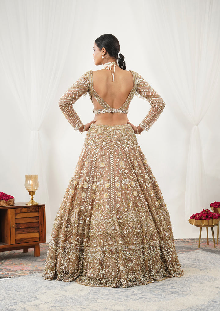 Gold Pearlwork Net Readymade Lehenga