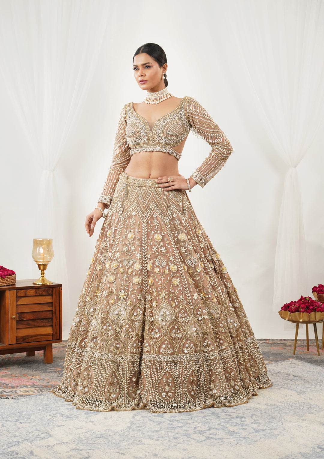 Gold Pearlwork Net Readymade Lehenga