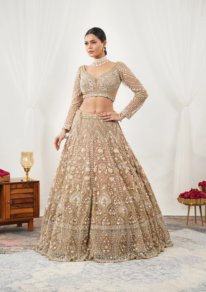 Gold Pearlwork Net Readymade Lehenga