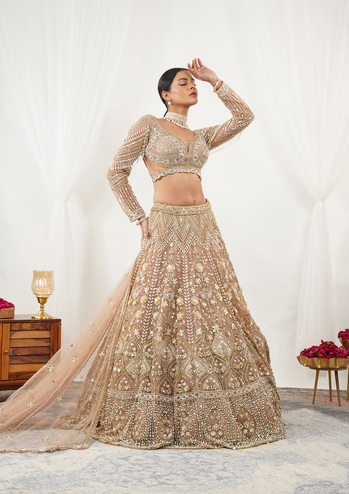 Gold Pearlwork Net Readymade Lehenga
