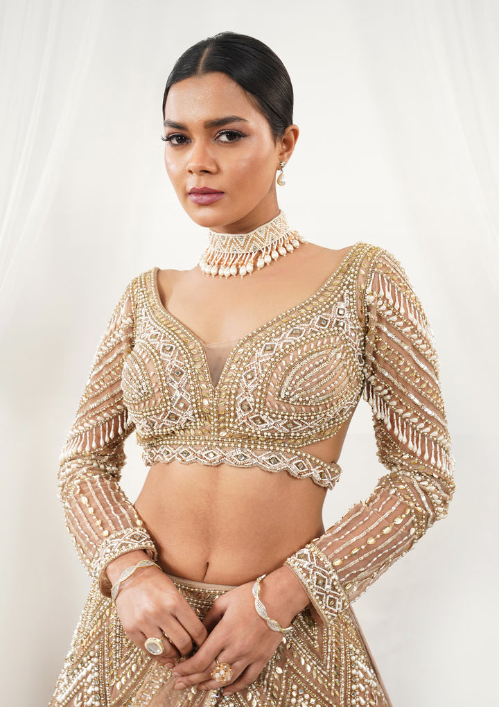 Gold Pearlwork Net Readymade Lehenga