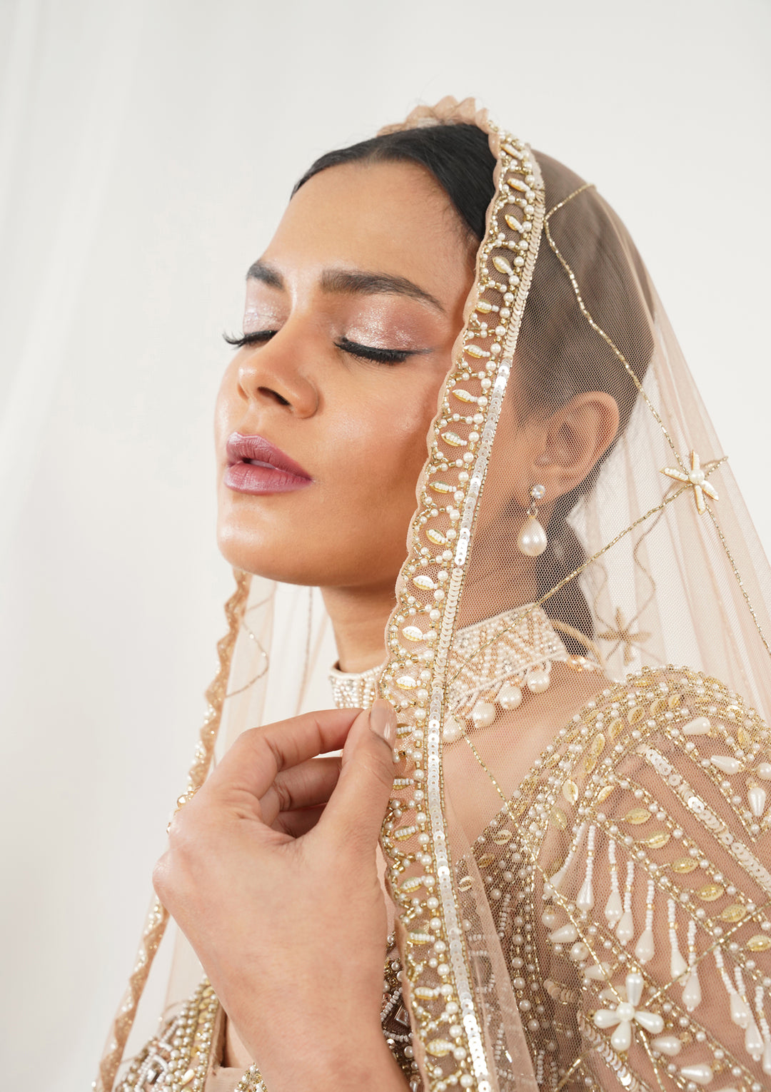 Gold Pearlwork Net Readymade Lehenga