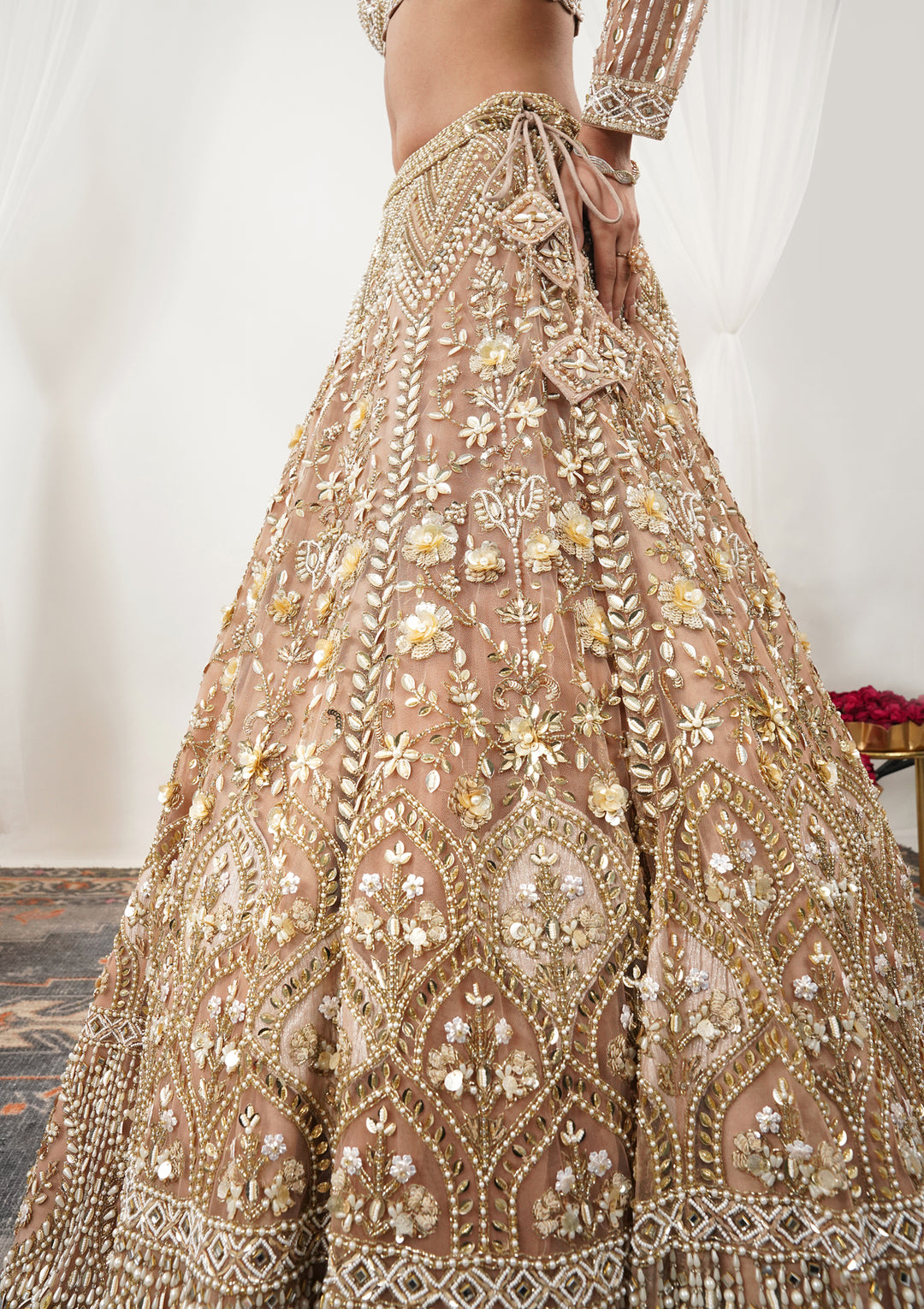 Gold Pearlwork Net Readymade Lehenga