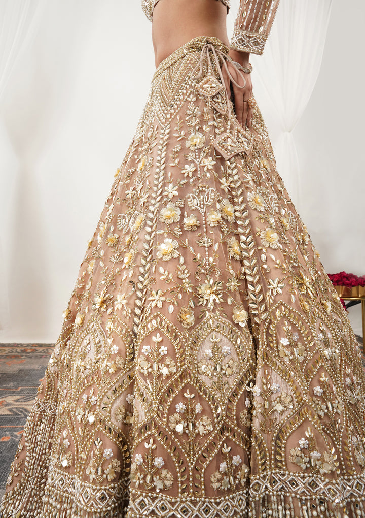 Gold Pearlwork Net Readymade Lehenga