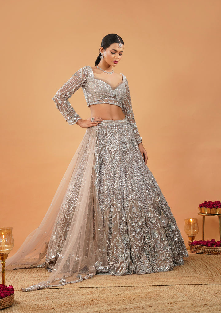 Brown Pearlwork Net Readymade Lehenga