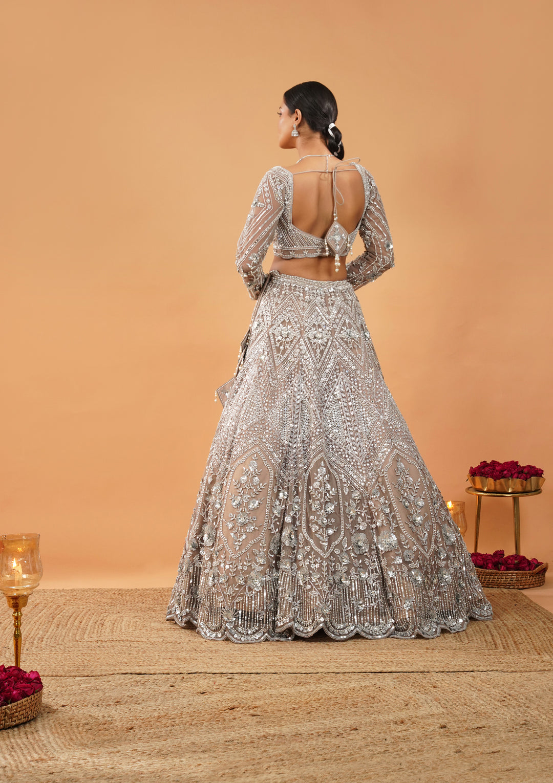 Brown Pearlwork Net Readymade Lehenga