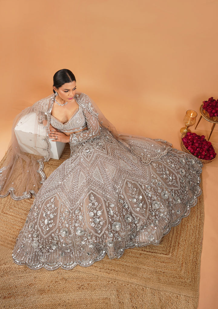 Brown Pearlwork Net Readymade Lehenga