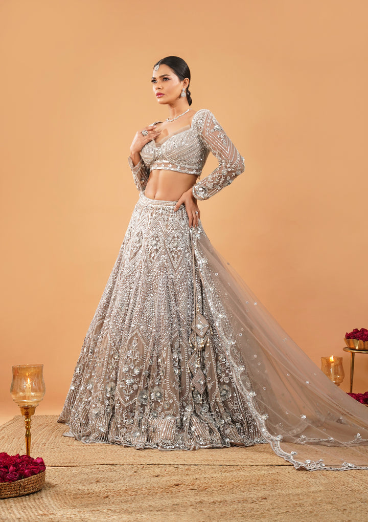 Brown Pearlwork Net Readymade Lehenga
