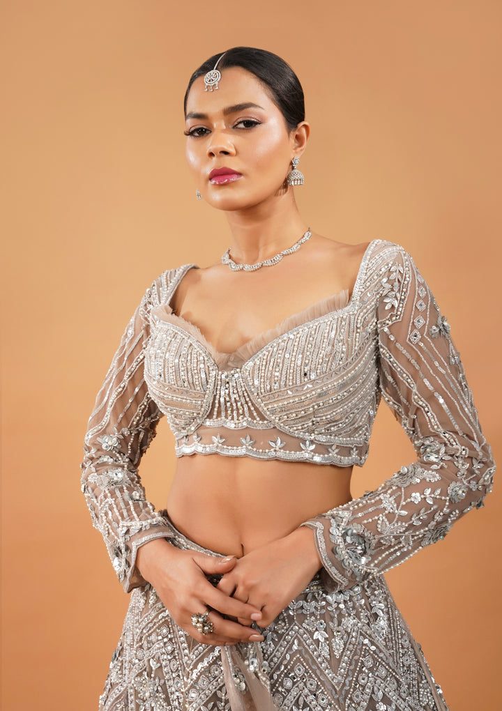 Brown Pearlwork Net Readymade Lehenga