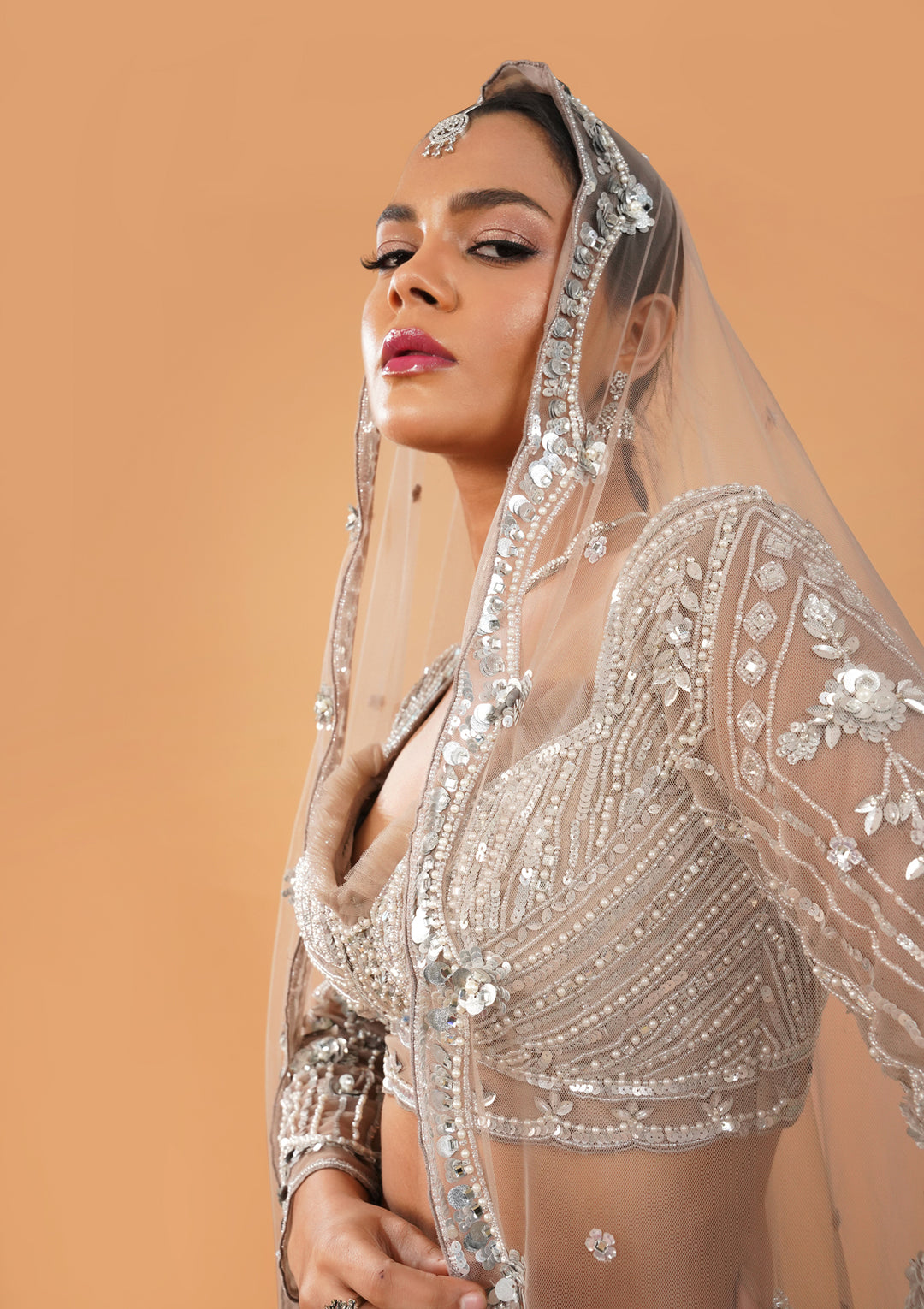 Brown Pearlwork Net Readymade Lehenga