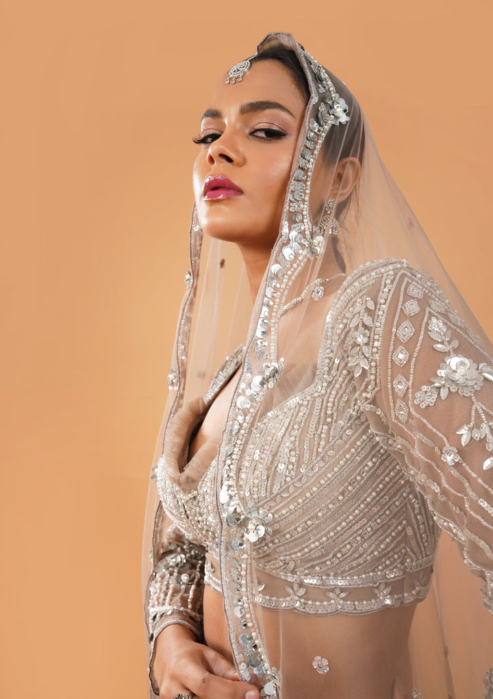 Brown Pearlwork Net Readymade Lehenga