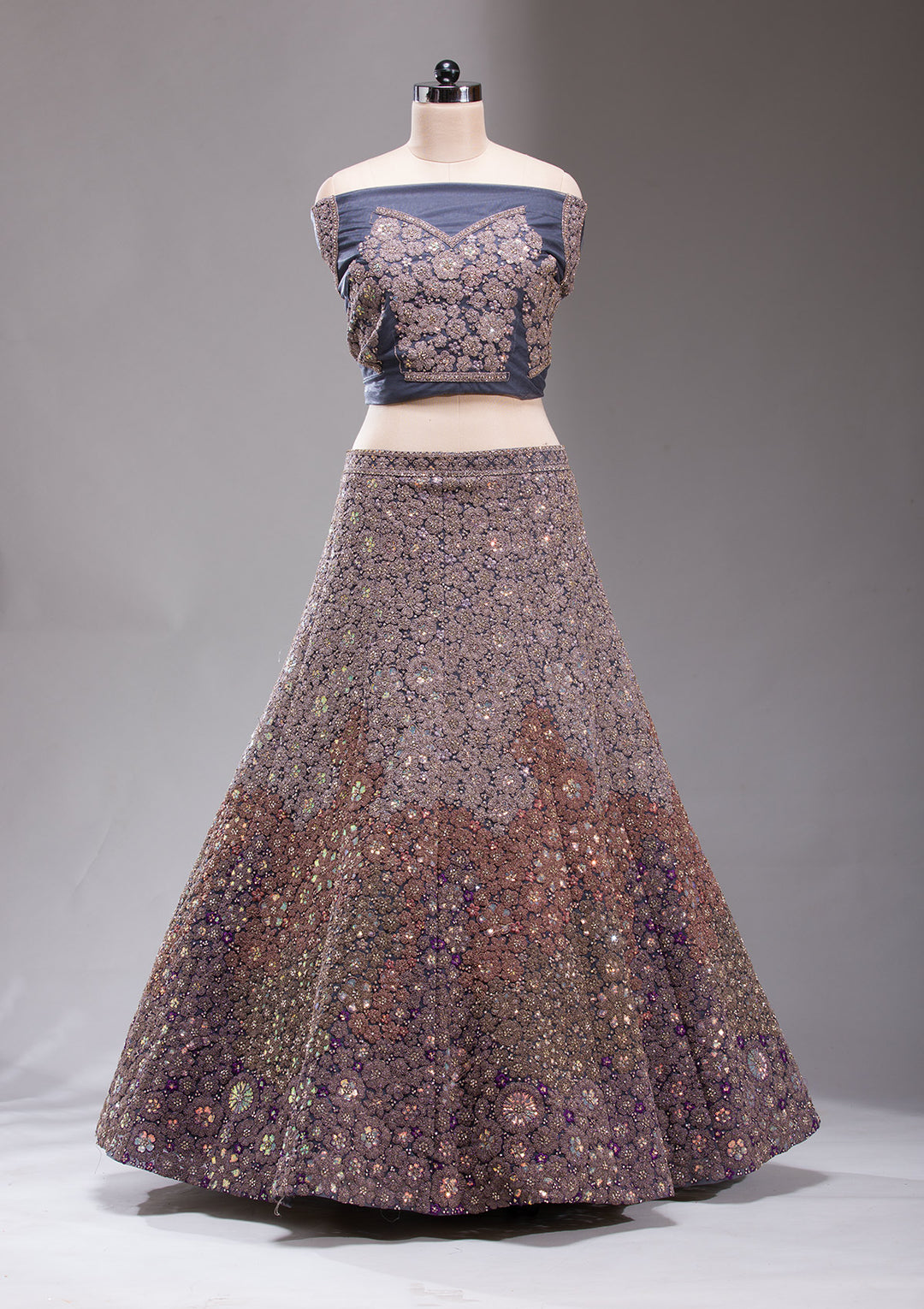 Navy Blue Zariwork Net Semi-Stitched Lehenga