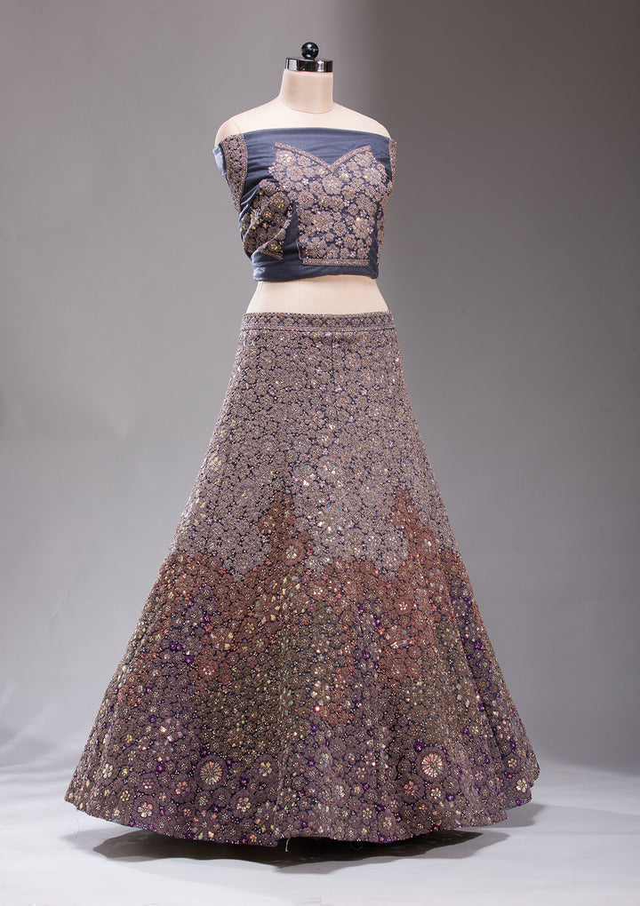 Navy Blue Zariwork Net Semi-Stitched Lehenga