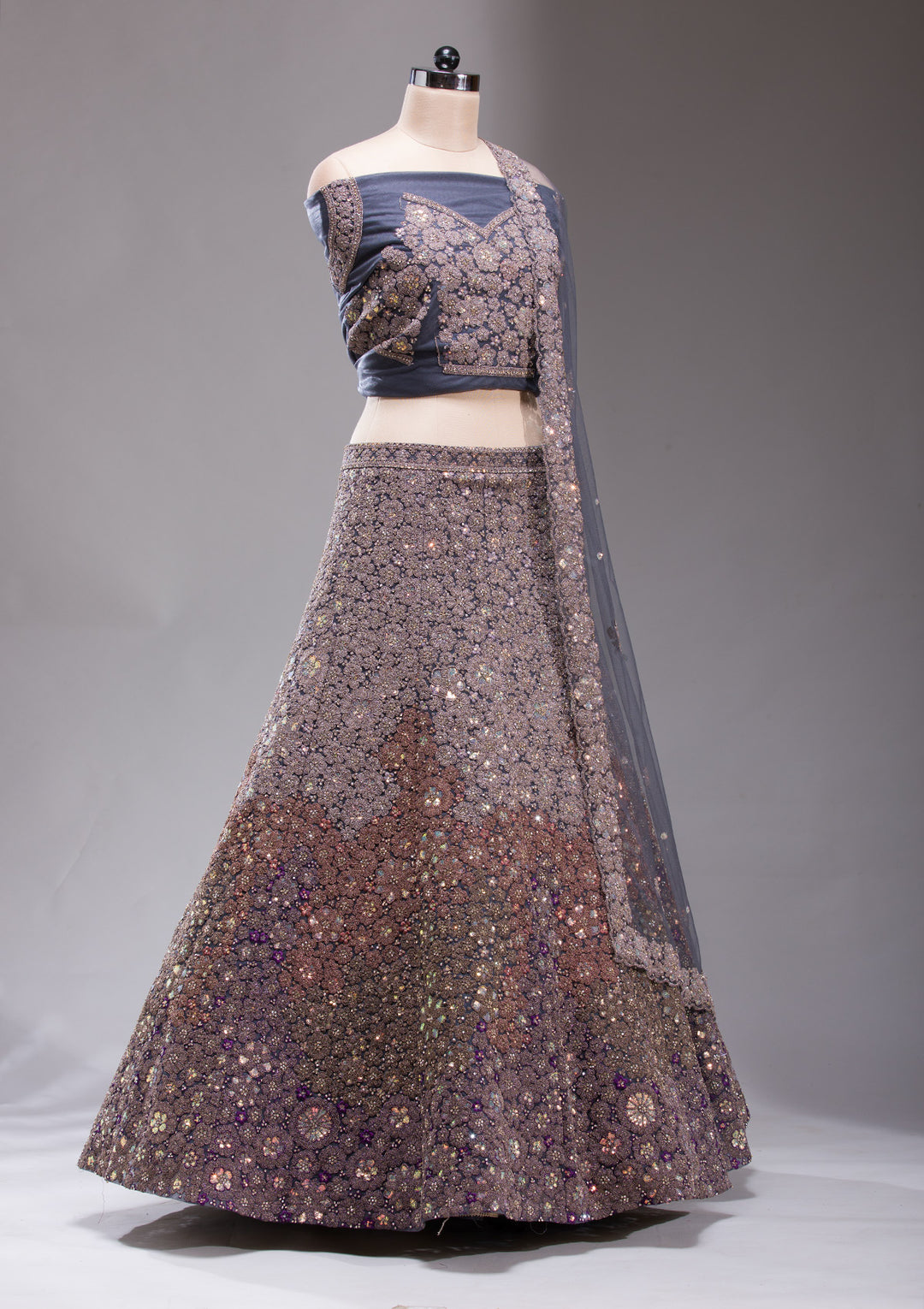 Navy Blue Zariwork Net Semi-Stitched Lehenga