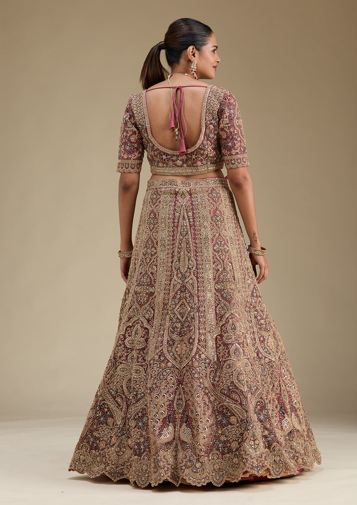 Antique Zariwork Onion Pink Net Semi Stitched Lehenga Blouse Piece With Dupatta