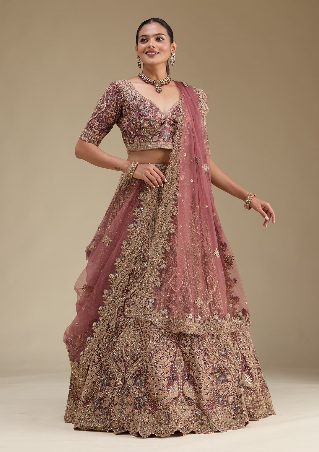 Antique Zariwork Onion Pink Net Semi Stitched Lehenga Blouse Piece With Dupatta