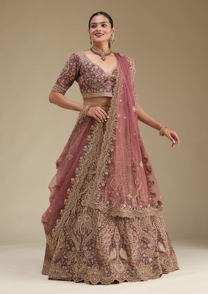 Antique Zariwork Onion Pink Net Semi Stitched Lehenga Blouse Piece With Dupatta