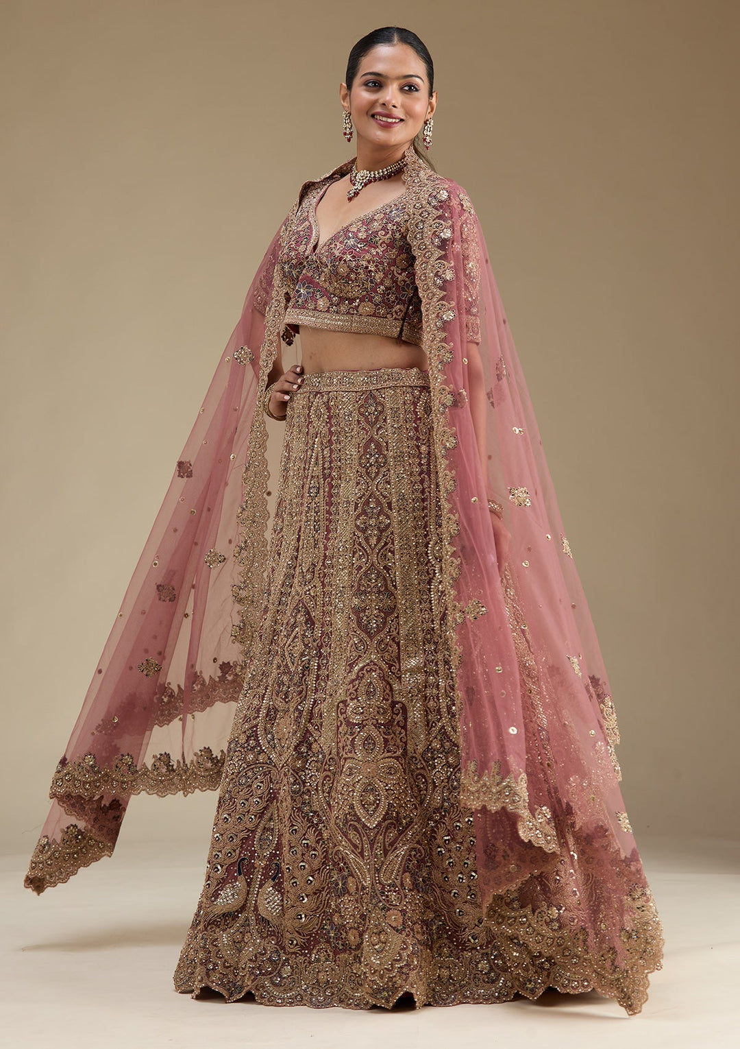 Antique Zariwork Onion Pink Net Semi Stitched Lehenga Blouse Piece With Dupatta