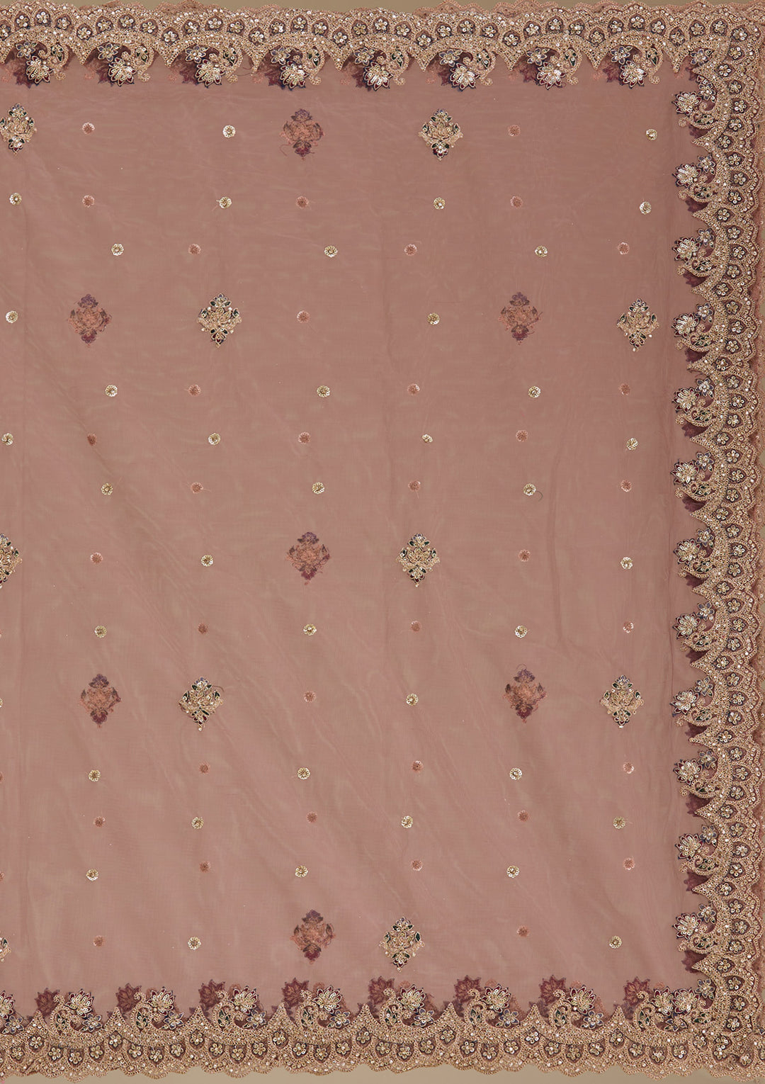 Antique Zariwork Onion Pink Net Semi Stitched Lehenga Blouse Piece With Dupatta