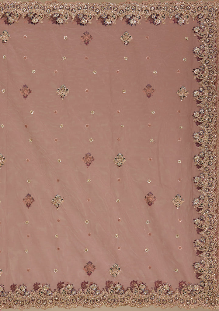 Antique Zariwork Onion Pink Net Semi Stitched Lehenga Blouse Piece With Dupatta