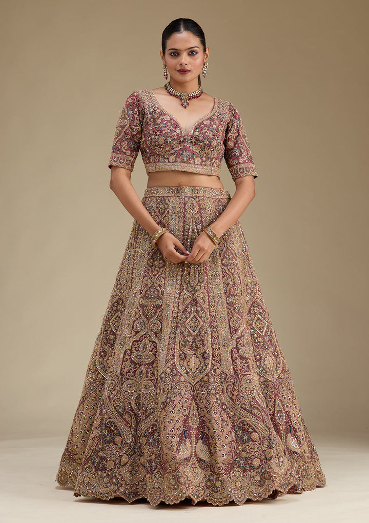 Antique Zariwork Onion Pink Net Semi Stitched Lehenga Blouse Piece With Dupatta