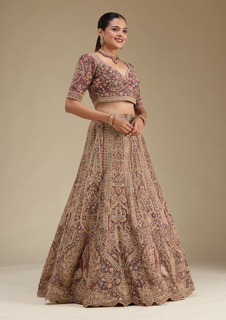 Antique Zariwork Onion Pink Net Semi Stitched Lehenga Blouse Piece With Dupatta