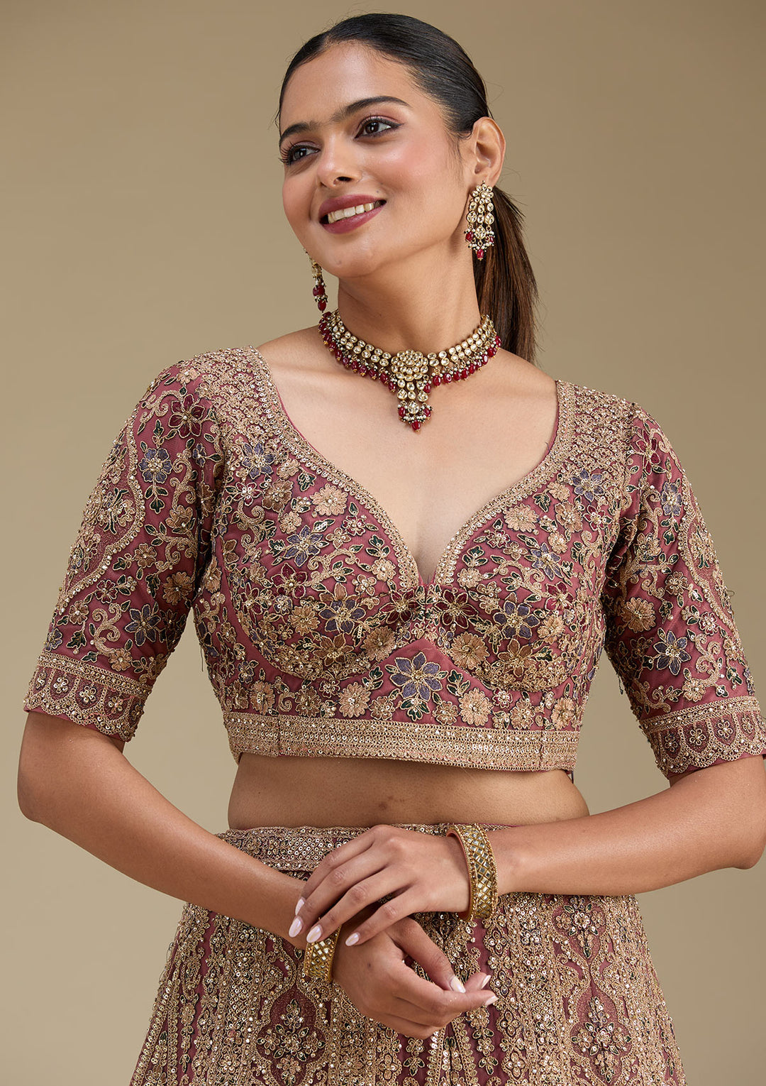 Antique Zariwork Onion Pink Net Semi Stitched Lehenga Blouse Piece With Dupatta