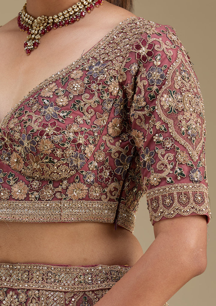 Antique Zariwork Onion Pink Net Semi Stitched Lehenga Blouse Piece With Dupatta