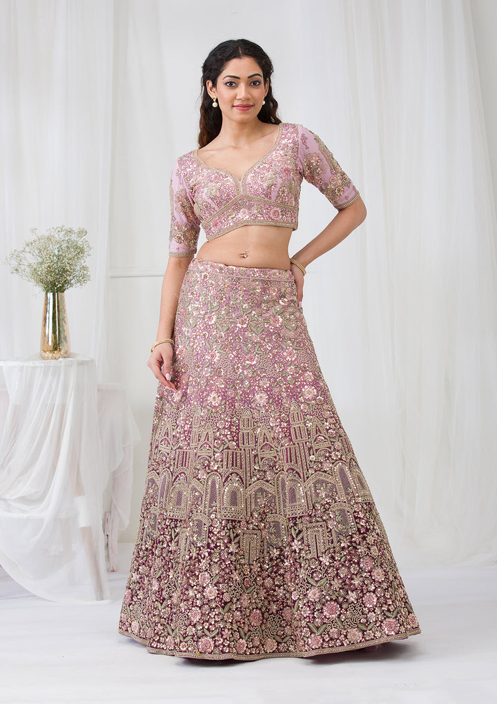 Purple Zariwork Net Semi Stitched Lehenga