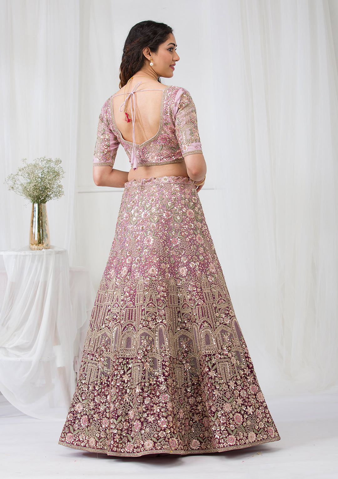 Purple Zariwork Net Semi Stitched Lehenga