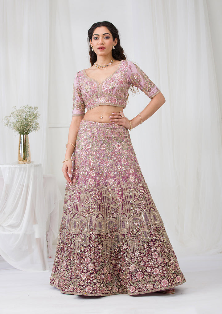 Purple Zariwork Net Semi Stitched Lehenga